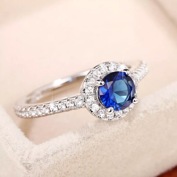 NEW 14k White Gold Sapphire Diamond Ring Halo Round Cut - Picture 5 of 8